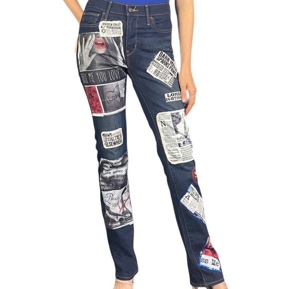 LEVI'S SLIMMING STRAIGHT HIGH RISE CUSTOMIZED HARRY POTTER PATCH DARK DENIM JEAN - Picture 2 of 15